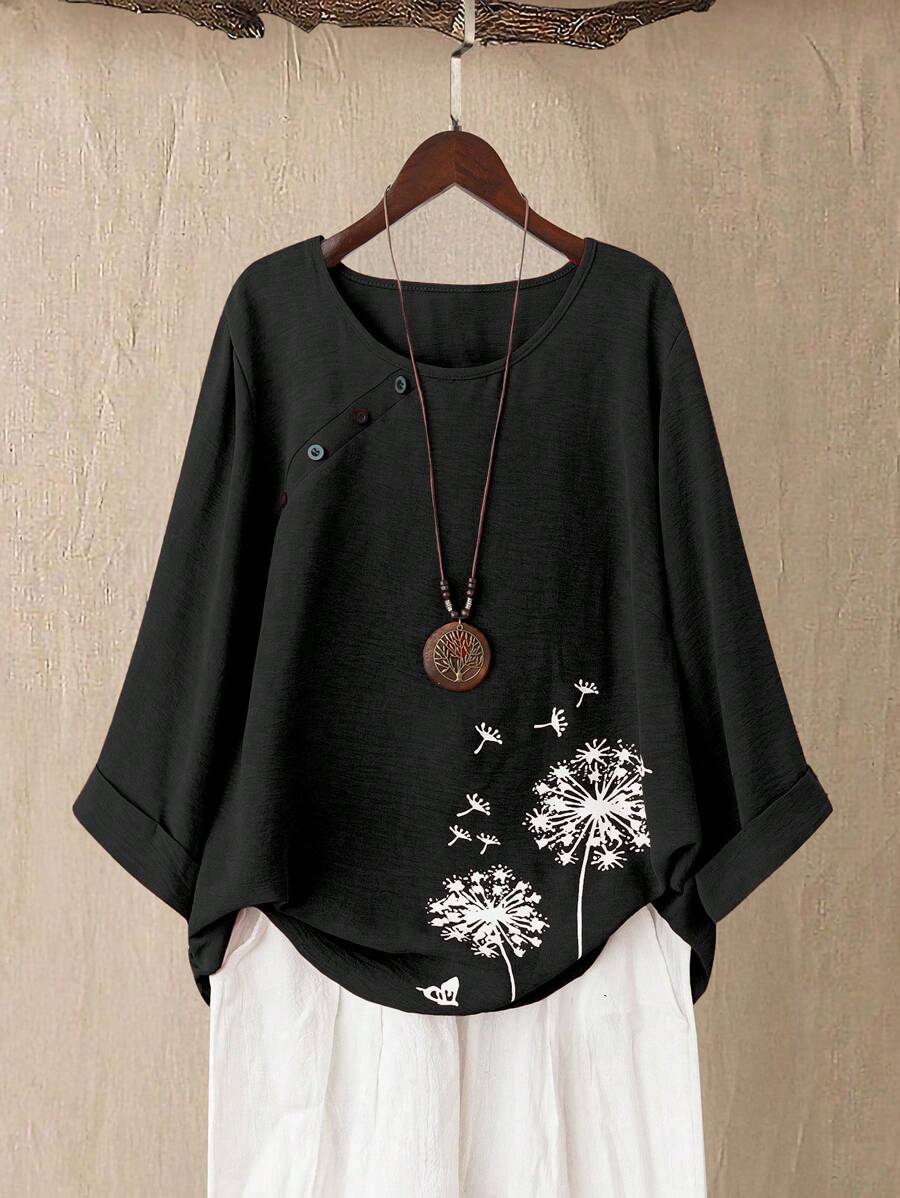Linhara Plus Size Women Floral Print 3/4 Sleeve Shirt, Spring/Summer - Black - View 1
