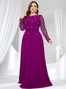 Coutiva 加大码优雅泡泡珠蕾丝下摆 A 字裙，正式、派对礼服、长袍，适合晚装、婚礼宾客