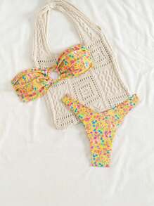 Swim Mod 2pcs/Set Spring Break Random Ditsy Floral Ruffle Bandeau Top And High Cut Briefs Sexy Bikini Set, Summer Beach Holiday - Multicolor - View 3