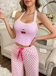 Top de pijama para mujer con estampado de cerezas y encaje en la unión halter