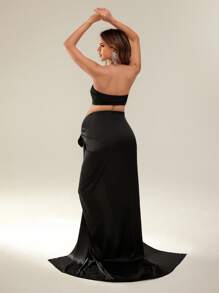 SHEIN Solid Color Maternity Bandeau Long Hem Slit Tie Photoshoot Dress - Black - View 2