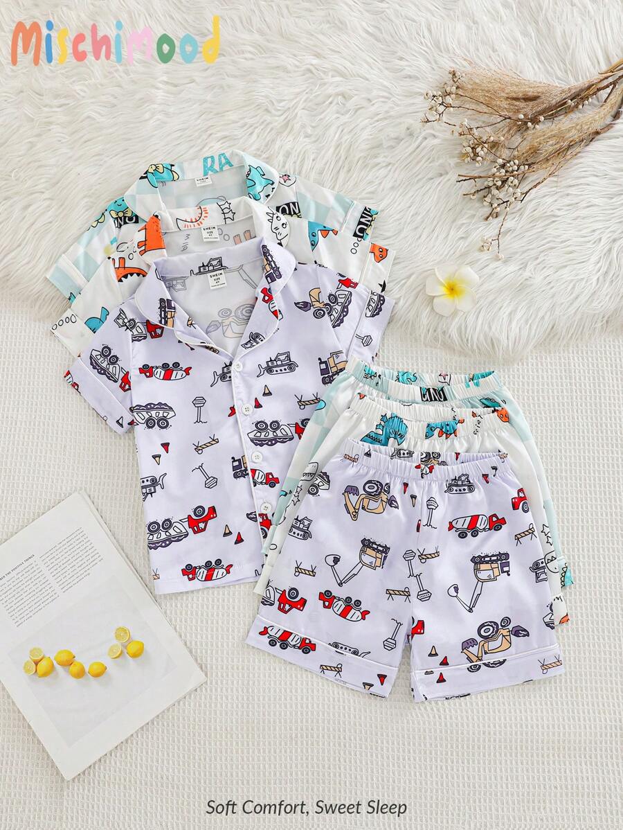 6pcs Young Boy Casual Car & Dinosaur Print Short Sleeve Cardigan Shirt And Shorts Pajama Sets