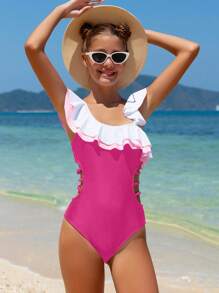 1pc Girls' Ruffle Style One Piece Swimsuit - Hot Pink - View 1