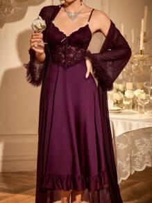 Slumberist 2pcs/Set Fish Bone Design Waist Lace Slip Dress + Floral Hem Wide Sleeve Sheer Robe - Maroon - View 6