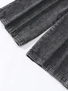 Denimly 复古休闲都市学院风水洗深蓝色阔腿 7/8 牛仔裤，松紧腰带和磨损下摆 - 黑色 - 查看 5