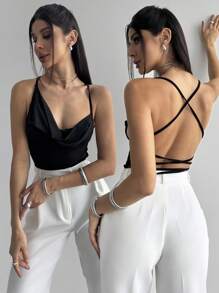 Firerie New Elegant Sexy Party Music Festival Back-To-School Vacation Date Outfit: Black Crisscross Backless Spaghetti Strap Uneven Bustier Tight-Fitting Bodysuit, Shiny Material, Spring/Summer, Concert Outfit Women