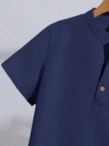 2 件青少年男孩休闲宽松百搭 V 领纯色短袖衬衫和松紧腰裤套装，通勤、上学、休闲、运动皆宜，适合春夏季 - 藏蓝色 - 查看 6