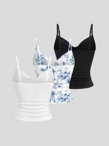 Sweetra 3pcs Set Women Leopard Print Slimming V-Neck Cami Top, Versatile Undershirts Y2K Graphic Cheetah Print Women Tops