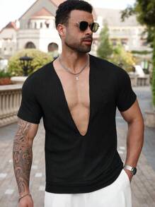 Manfinity Homme Plus Size Men's Simple Solid Color V-Neck Short Sleeve T-Shirt, Summer - Black - View 4