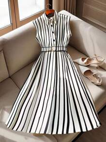 SHEIN Clasi Striped Print Tie-Waist Sleeveless Dress - Black and White - View 1