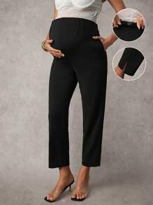 MaterniChic Pantalones de maternidad ajustables de cintura, de unicolor y de corte slim, elegantes - Negro - Ver 1