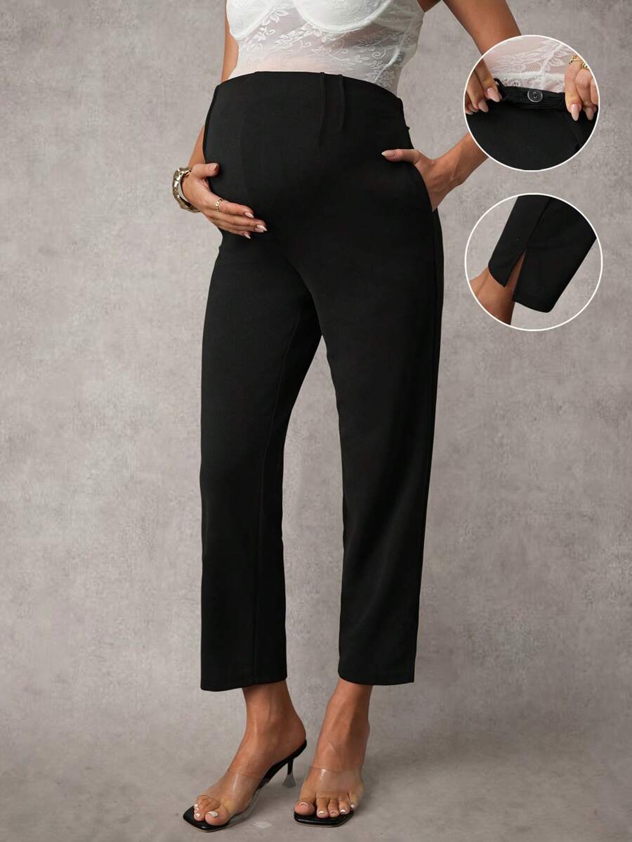 MaterniChic Pantalones de maternidad ajustables de cintura, de unicolor y de corte slim, elegantes - Negro - Ver 1