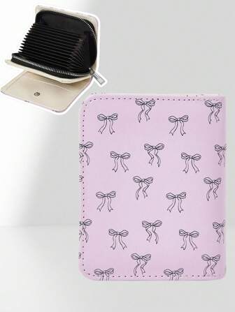 Kawaii Cute Girl Style All Over Bow Print Multi-Functional Multi-Card Zipper Card Case With Folding Wallet, Pink Coin Purse 1383074