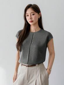 Dazy-Less Damtröja med kort ärm och enfärgad lapptäcke, sommar, affärsmässigt och casual för kvinnor - Grå - Visa 6