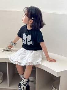 SHEIN Young Girls Casual Bow Front Short Sleeve T-Shirt And Skirt 2-Piece Set - Black and White - View 5