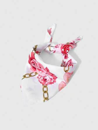 Kawaii 1 pezzo Foulard quadrato multifunzionale con decorazioni floreali e diamanti, stile Y2K, con stampe di rose, fiocchi, catene di lucchetti, boccette di profumo e tacchi alti, accessorio di moda versatile