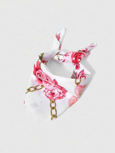 Kawaii 1 pezzo Foulard quadrato multifunzionale con decorazioni floreali e diamanti, stile Y2K, con stampe di rose, fiocchi, catene di lucchetti, boccette di profumo e tacchi alti, accessorio di moda versatile
