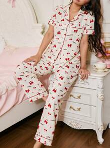 Bow & Cherry Print Women Sleepwear Set - Red and White - View 1