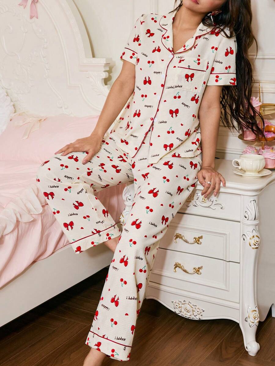 Bow & Cherry Print Women Sleepwear Set - Red and White - View 1