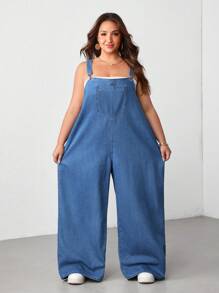 SHEIN CURVE+ Plus Size Blue Denim Jumpsuit Loose Overalls Comfortable And Breathable Lightweight Denim Summer Casual Outfits, Curve Plus, Boho Vacation - Medium Wash - View 4