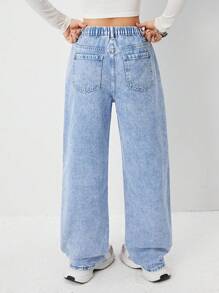 SHEIN 少女中度水洗做旧印花休闲牛仔裤