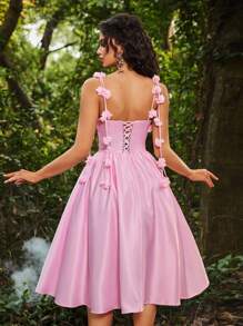 Lovelzi 优雅浪漫浅粉色缎面 3D 花卉系结蝴蝶胸围紧身胸衣 V 形腰部超全裙，适合晚会、舞会、毕业典礼、婚礼、成人仪式、舞会礼服 - 粉色 - 查看 2