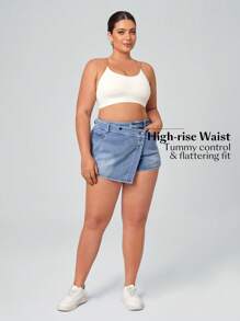SHEIN Essnce Plus Size Casual Washed Wrap With Diagonal Pocket Denim Skort, Summer - Blue - View 10
