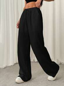 SHEIN EZwear Pantalones casuales de pierna recta con cordón, de textura arrugada y corte holgado para mujer