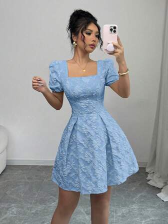 Rafferiza 女士泡泡袖方领连衣裙，夏季时尚