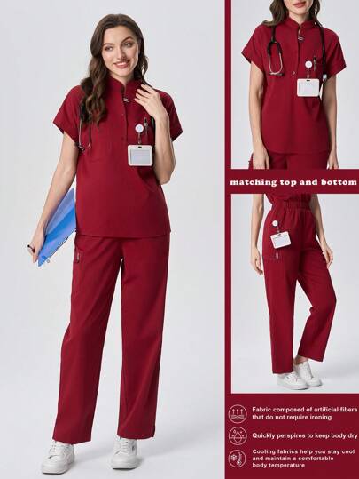 Scrubzie Conjunto de 2 piezas de bata y pantalón antiarrugas de manga corta y cuello en V holgado para el cuidado de la salud de mujeres