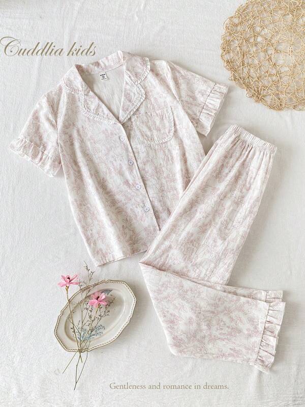 Conjunto informal de 2 piezas para niñas - Top con cuello y volantes y pantalones a juego, estampado de flores y línea de conejo, color rosa claro, ropa de estar en casa cómoda