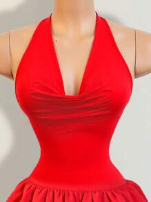 BamGleam Women's Solid Color Draped Neck Ruffle Hem Sexy Halter Short Dress