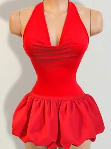 BamGleam Women's Solid Color Draped Neck Ruffle Hem Sexy Halter Short Dress