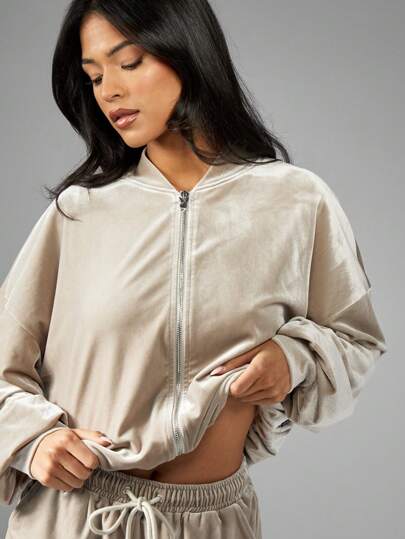 Missguided x Playboy Velour Tracksuit Bomber Style Half Zip Jacket With Rhinestone Embellishment Athletic Loungewear Cozy Casual Fall Winter Sports Wear