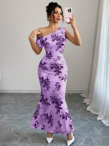 Elenzga Đầm dự tiệc sang trọng, thanh lịch, tôn dáng và thon gọn, vai không đối xứng, eo nhún, viền đuôi cá phong cách mới cho nữ - Màu tím - Xem 3