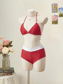 SHEIN MOD Bộ bikini hở cổ họa tiết chấm bi màu tương phản dành cho nữ - Đỏ và trắng - Xem 3