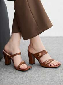 CUCCOO BIZCHIC Women's Brown Strap Simple Square Toe Chunky/Slim Heel Mid/High Heel Elegant Casual Comfortable Slip-On Pumps, Suitable For Work, Commute, Formal Occasions, Parties, Weddings - Brown - View 5