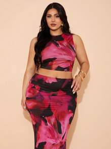 SHEIN BAE 大码女式两件套大码花卉印花无袖背心和长裙，夏季服装