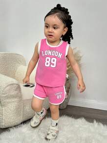 SHEIN Babygirl 夏季可爱针织彩色块字母图案背心和松紧腰短裤套装 - 粉色 - 查看 5