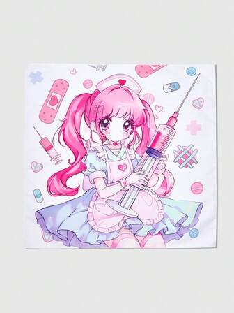 Anime 1pc Cute Cartoon Nurse Girl Printed Small Square Scarf, Versatile Fashion Accessory With Bandage And Syringe Elements
