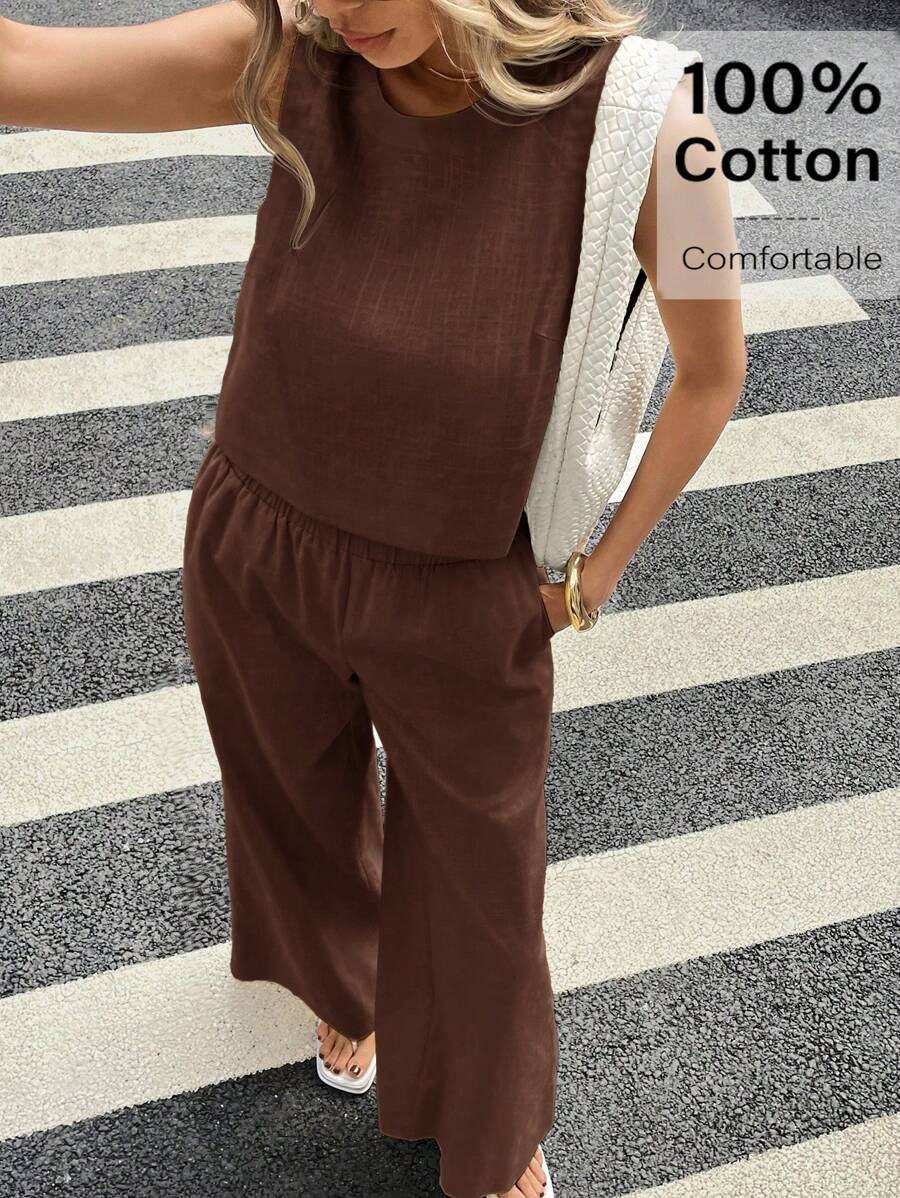 Siren Gaze Conjunto de Duas Peças Feminino para Uso Diário, Conjuntos de Verão Femininos, Roupas de Verão Femininas, Roupas de Algodão Femininas, Conjuntos de Roupas Casuais Femininas Marrom - Café - Visão 1