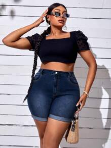 SHEIN SXY Pantaloni scurți din denim, cu buzunare laterale, spălate, de mărimi plus, de vară