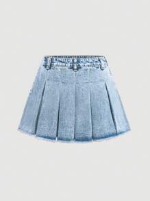 SHEIN Girlism 少女 Y2K 时尚纯色水洗褶皱毛边牛仔迷你裙，秋季返校街头服饰 - 淺色水洗藍 - 查看 2