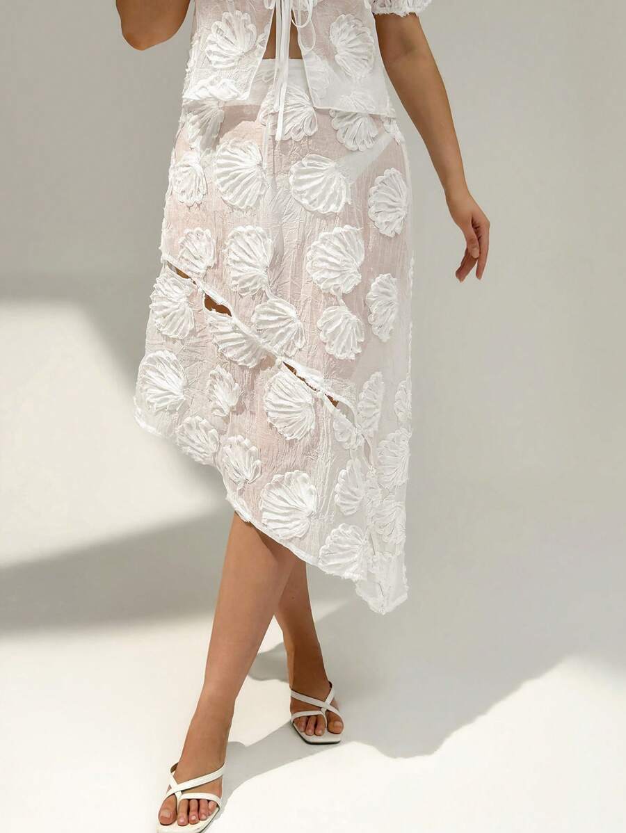 Auralis Falda elegante de oficina con borde asimétrico bordado, para invitada de boda, graduación, iglesia, brunch, talla grande, estilo fairycore, luna de miel, vacaciones en la isla, cumpleaños, blanco