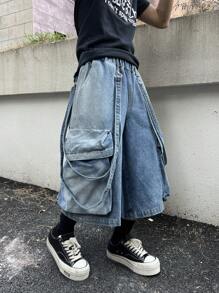 Manfinity EMRG Men's Medium Wash Denim Bermuda Shorts With Zipper Details And Cargo Pockets Going Out Urban Hang Out Party Street - Medium Wash - View 7