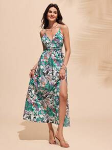 Almamuse Vestido feminino elegante com alças finas e fenda lateral