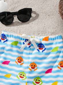 BABY SHARK X SHEIN Baby Boy Striped & Cartoon Print Swim Trunks