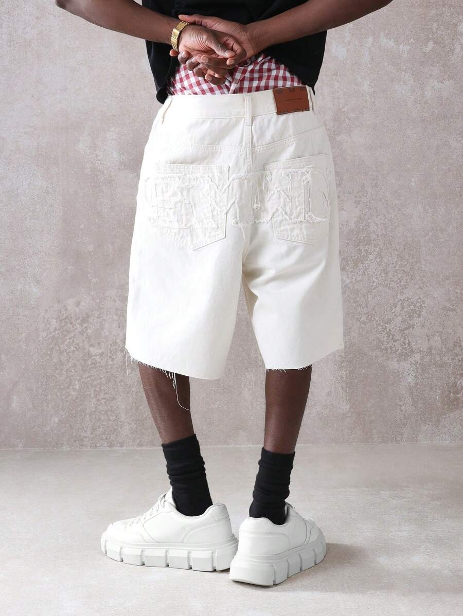 SUMWON 设计师款牛仔百慕大短裤破洞毛边阔腿短裤夏季沙滩休闲棉质宽松节日街头风短裤 - 杏色 - 查看 1