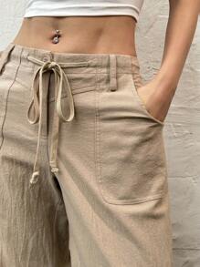 SHEIN EZwear Women's Casual Solid Color Drawstring Waist Straight Leg Pants - Camel - View 7