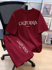 SHEIN Leap Crew 2 Pieces Teen Boys Summer Letter Printed Crew Neck Short Sleeve Casual T Shirt And Drawstring Waist Shorts Set, Perfect For Spring And Summer, Perfect For , Perfect For Dressing Up, Perfect For School, Valentine's Day - Burgundy - View 2